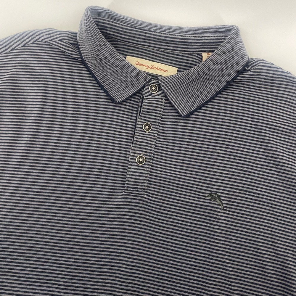 Tommy Bahama Polo Shirt Men XL Blue Gray Striped Modal Blend Short Sleeve Marlin